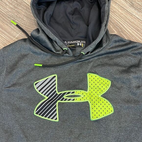 Under Armour Hooded Charcoal Grey/Lime Green Logo Hooded Sweatshirt Size Large - Picture 2 of 4